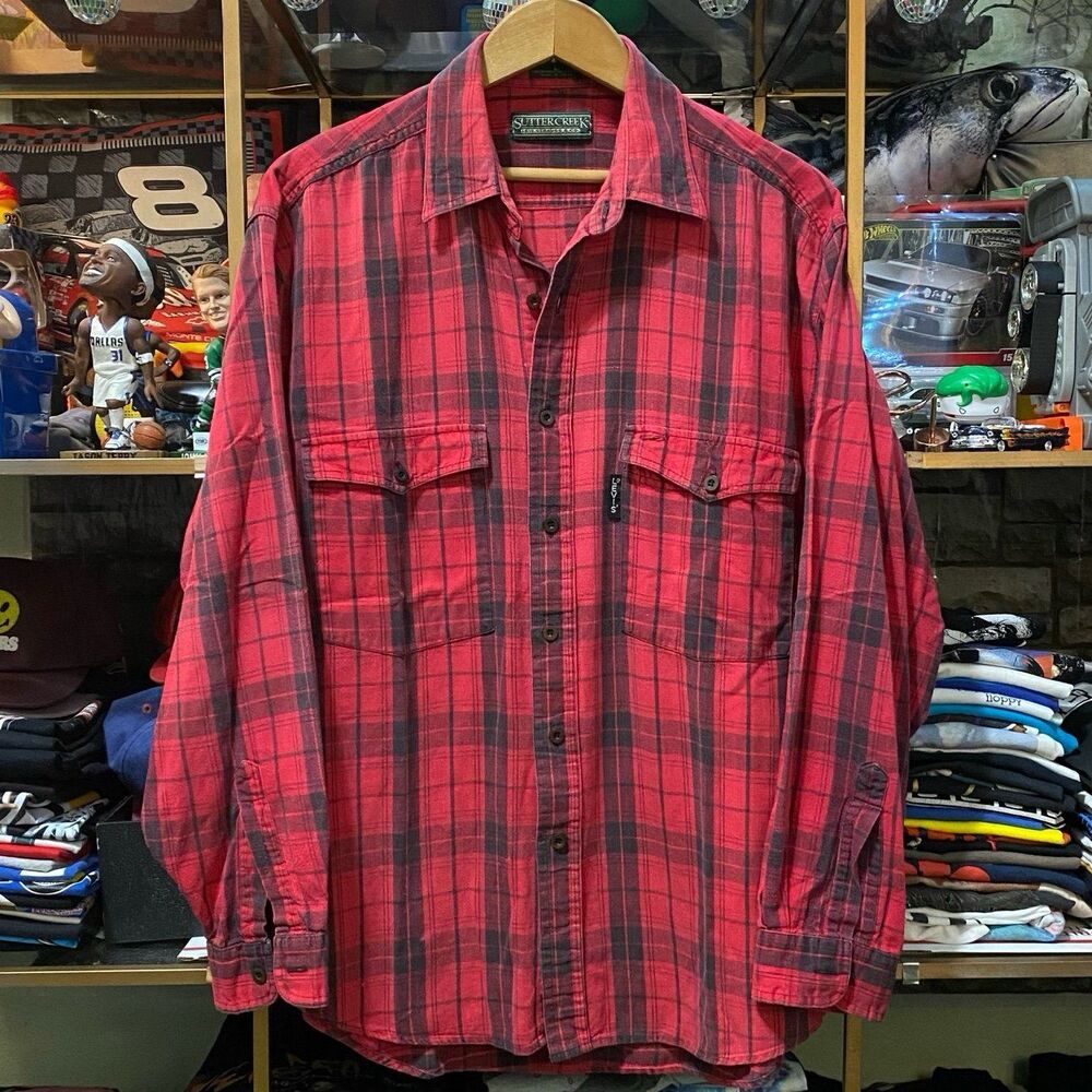 Vintage Levis Sutter Creek Plaid Flannel Shirt Red Black Large Black Tab Y2K